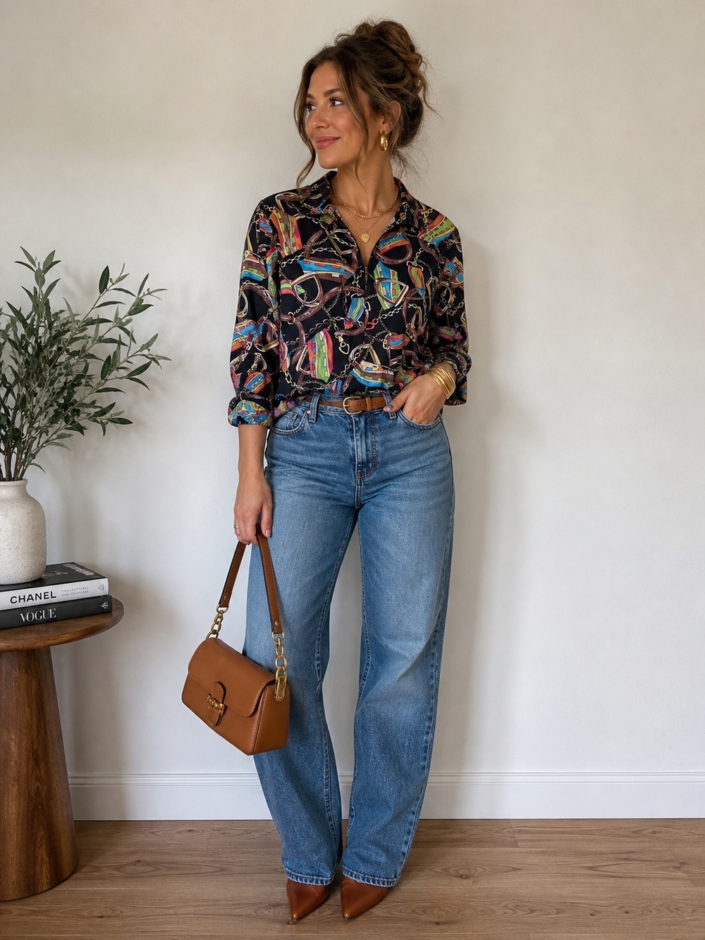 Horse Bit Print Button-Down Blouse